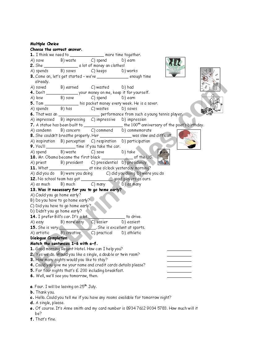 English Worksheets Multiple Choice Questions