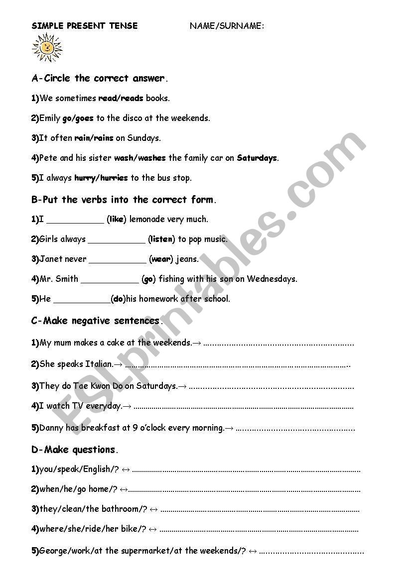 simple present tense worksheet