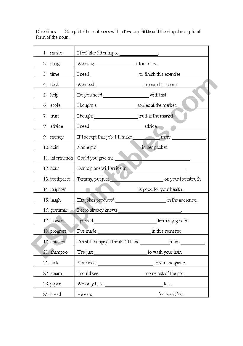 Count and Non Count Nouns worksheet