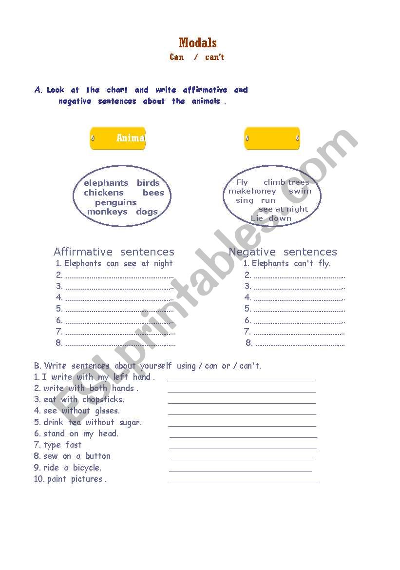 modals can / cant  worksheet