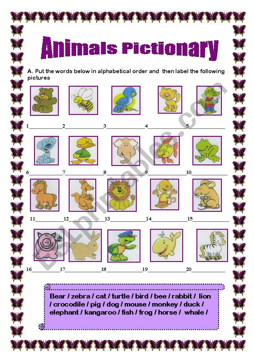 Animals pictionary worksheet