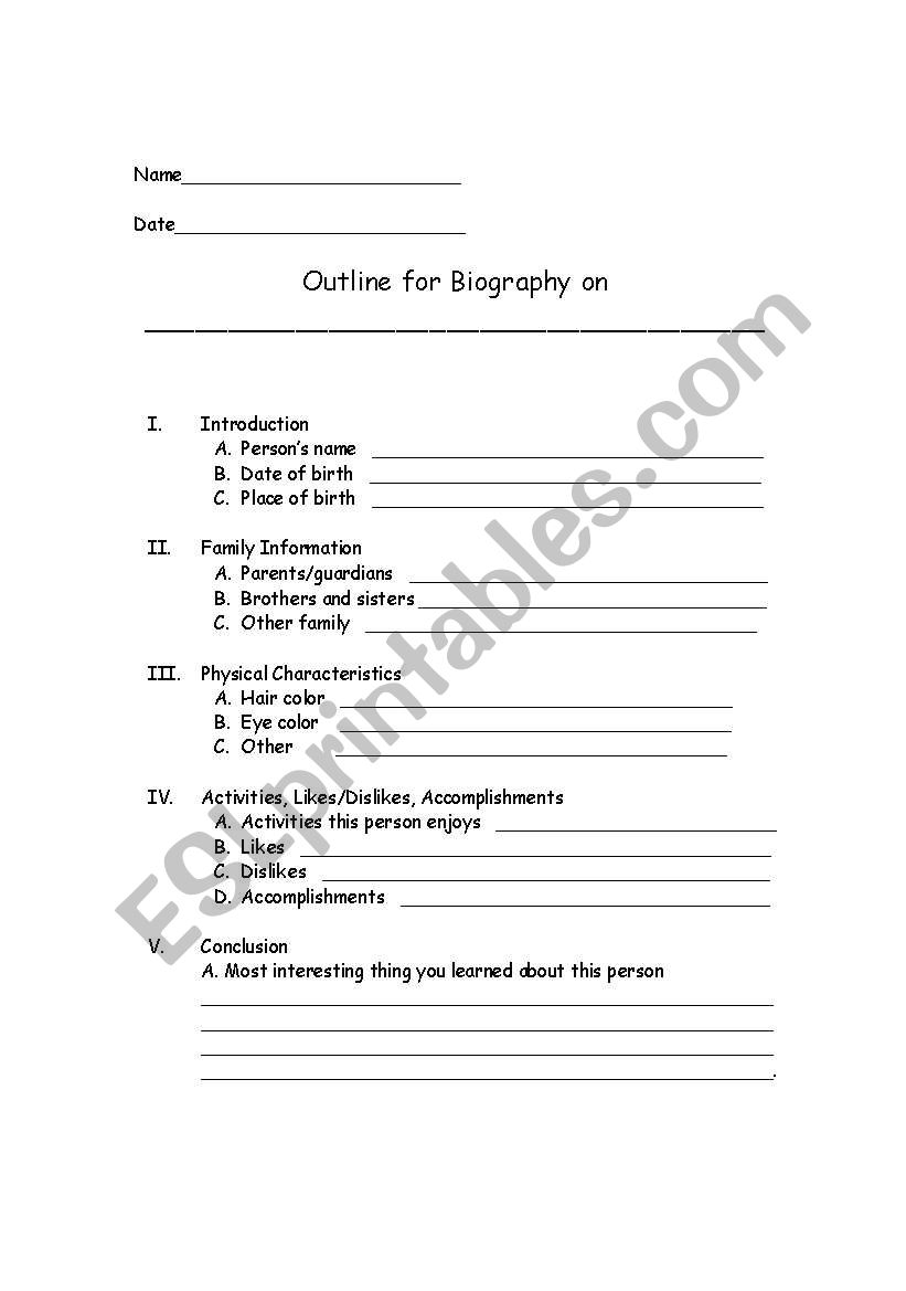 Outline for Biography worksheet