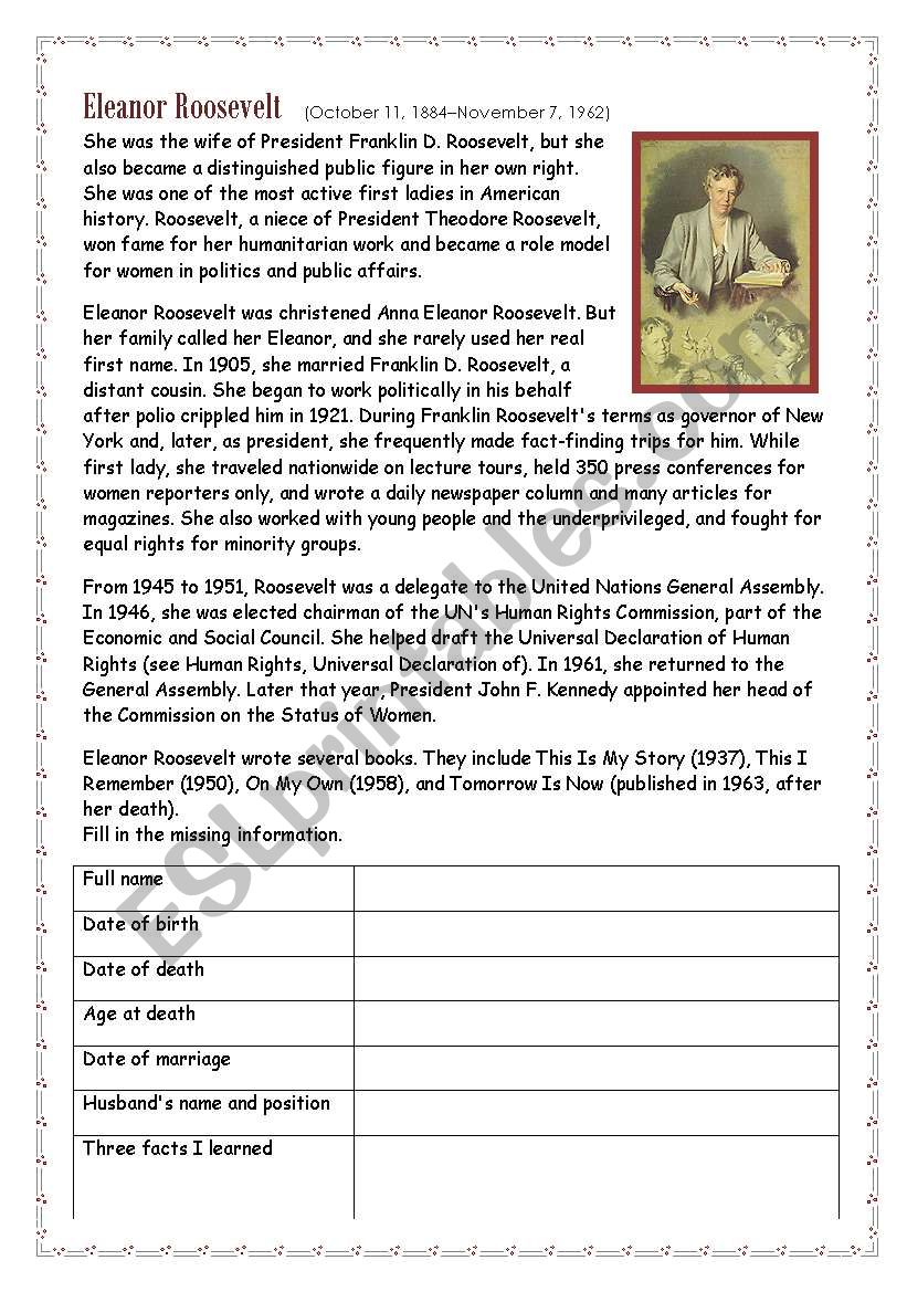 Eleanor Roosevelt worksheet