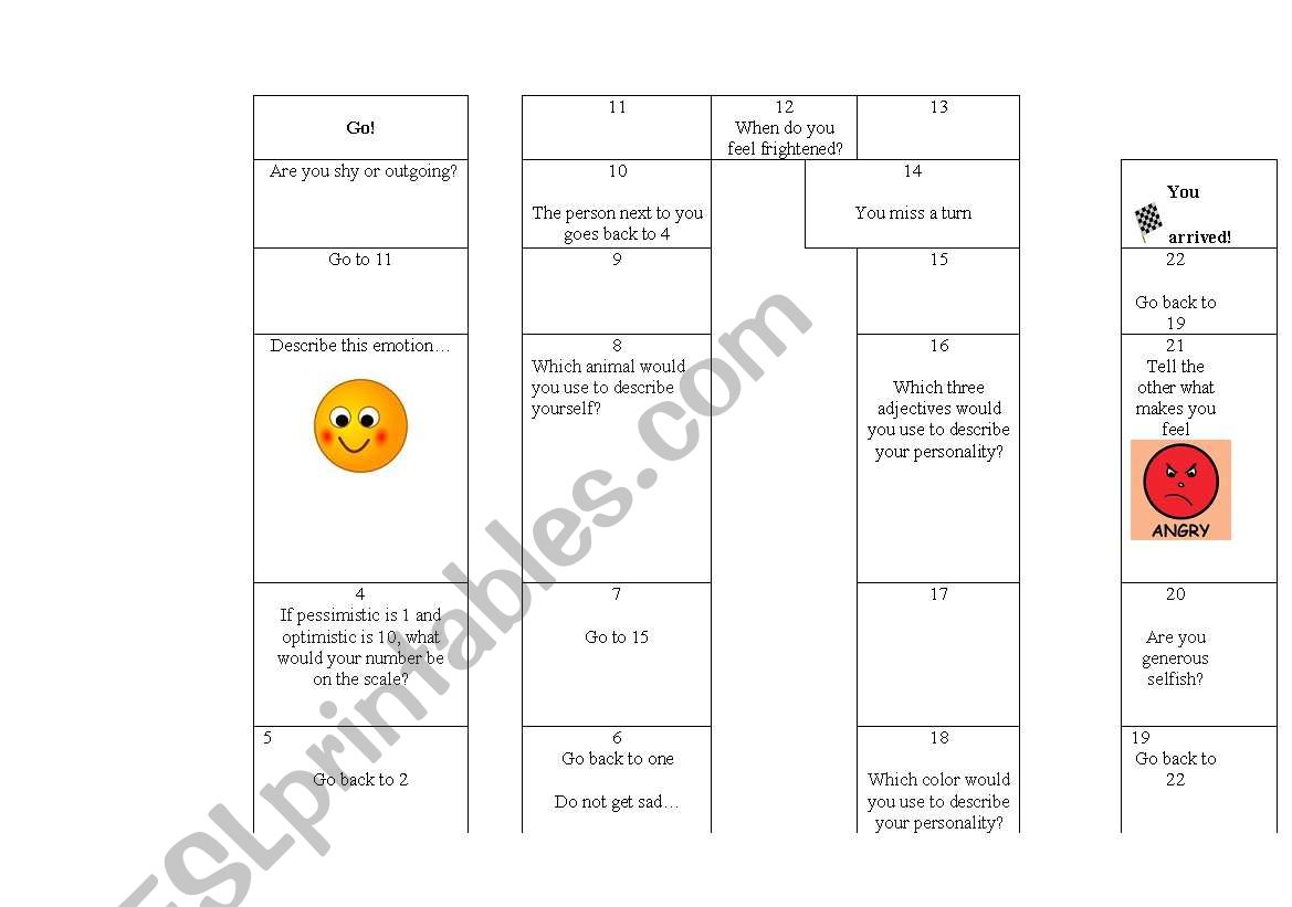 Personality board game worksheet