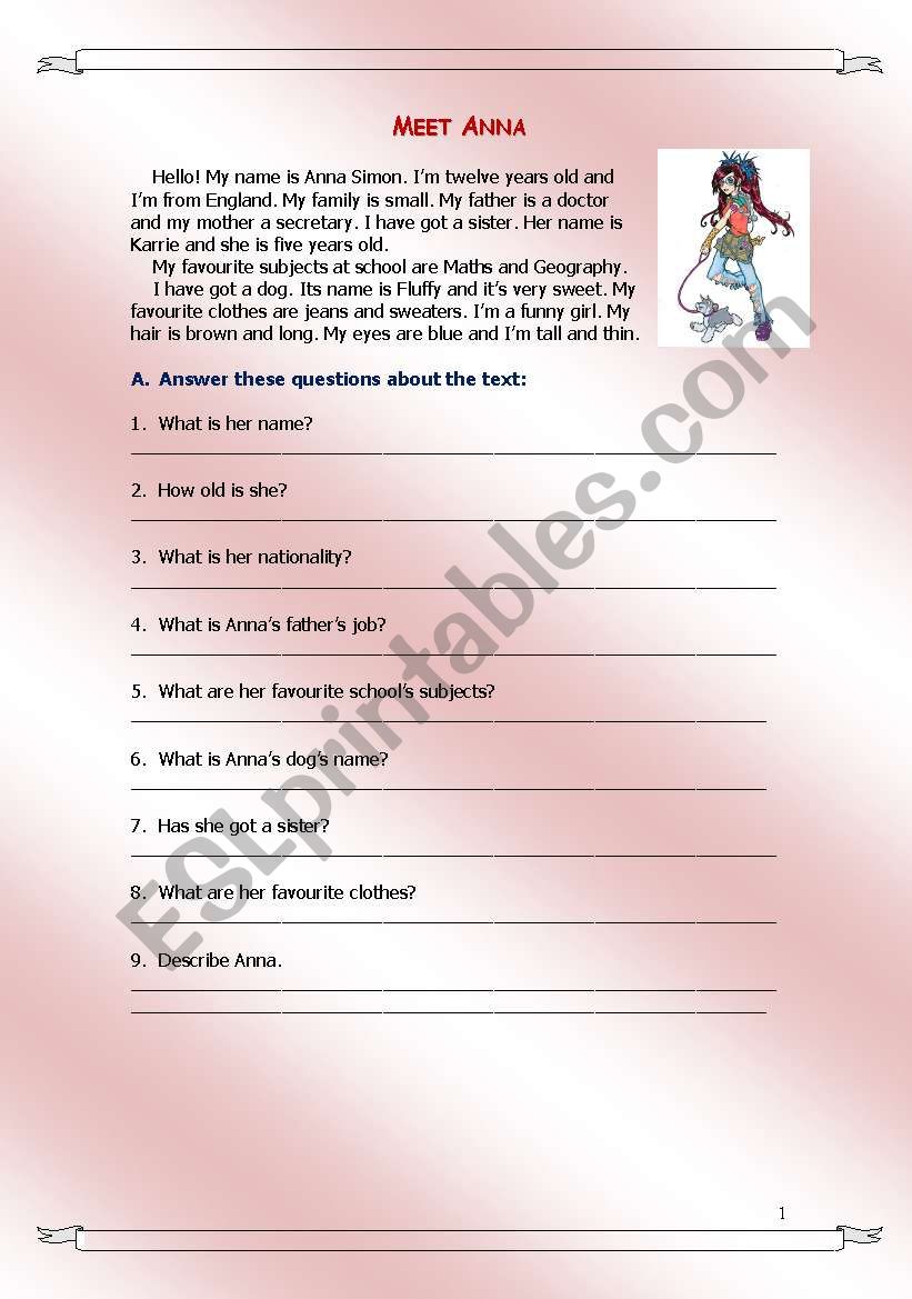 Meet Anna - describing people worksheet