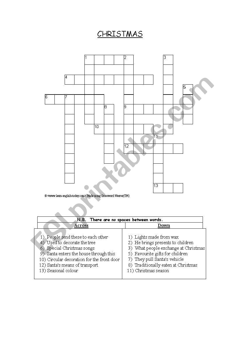 Christmas crosswords worksheet