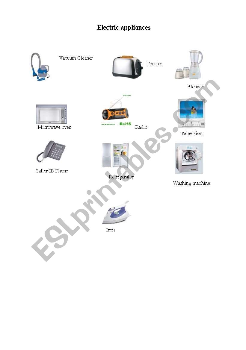 Electric Appliances pictures worksheet