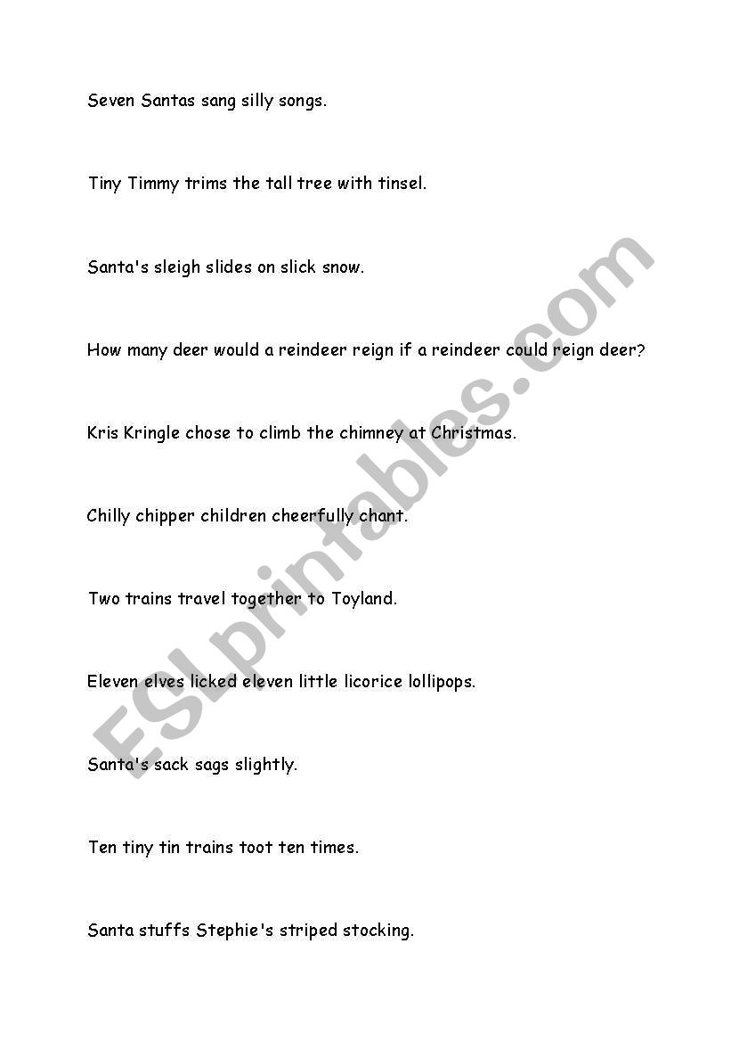 Christmas tongue twisters worksheet