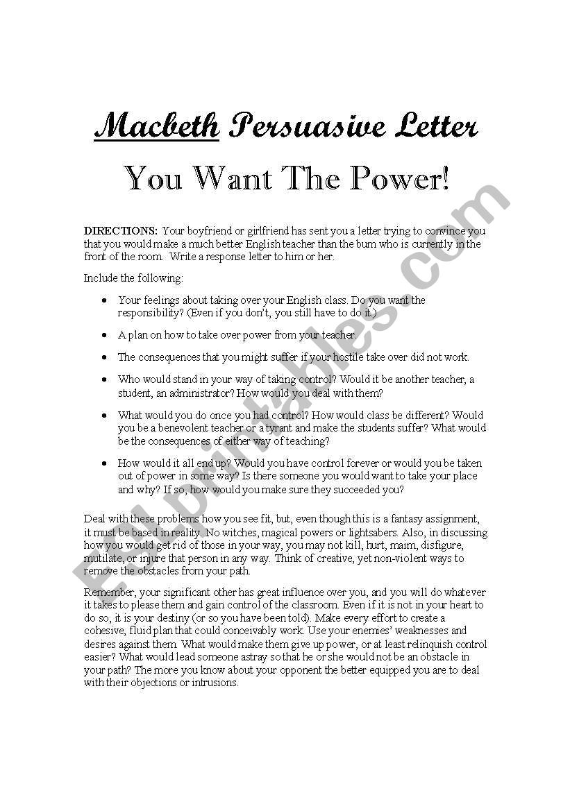 Macbeth Persuasive Letter worksheet