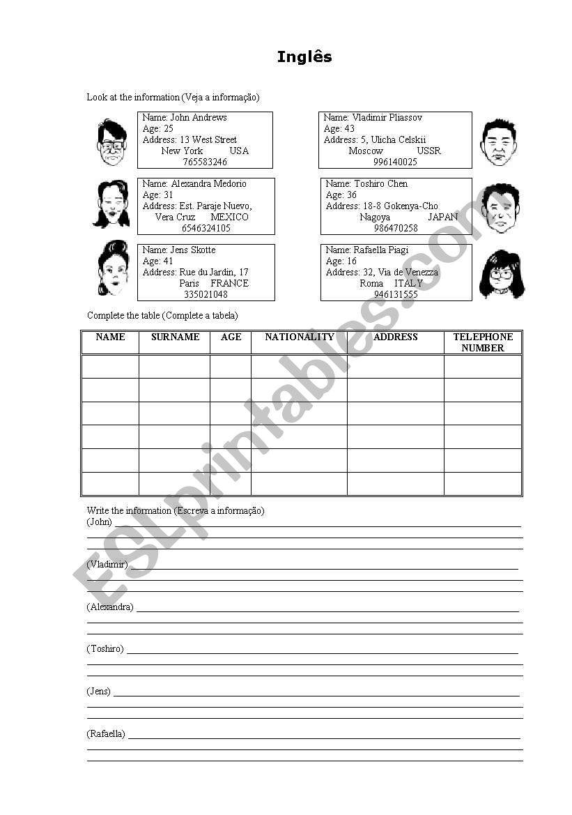 Information about people worksheet