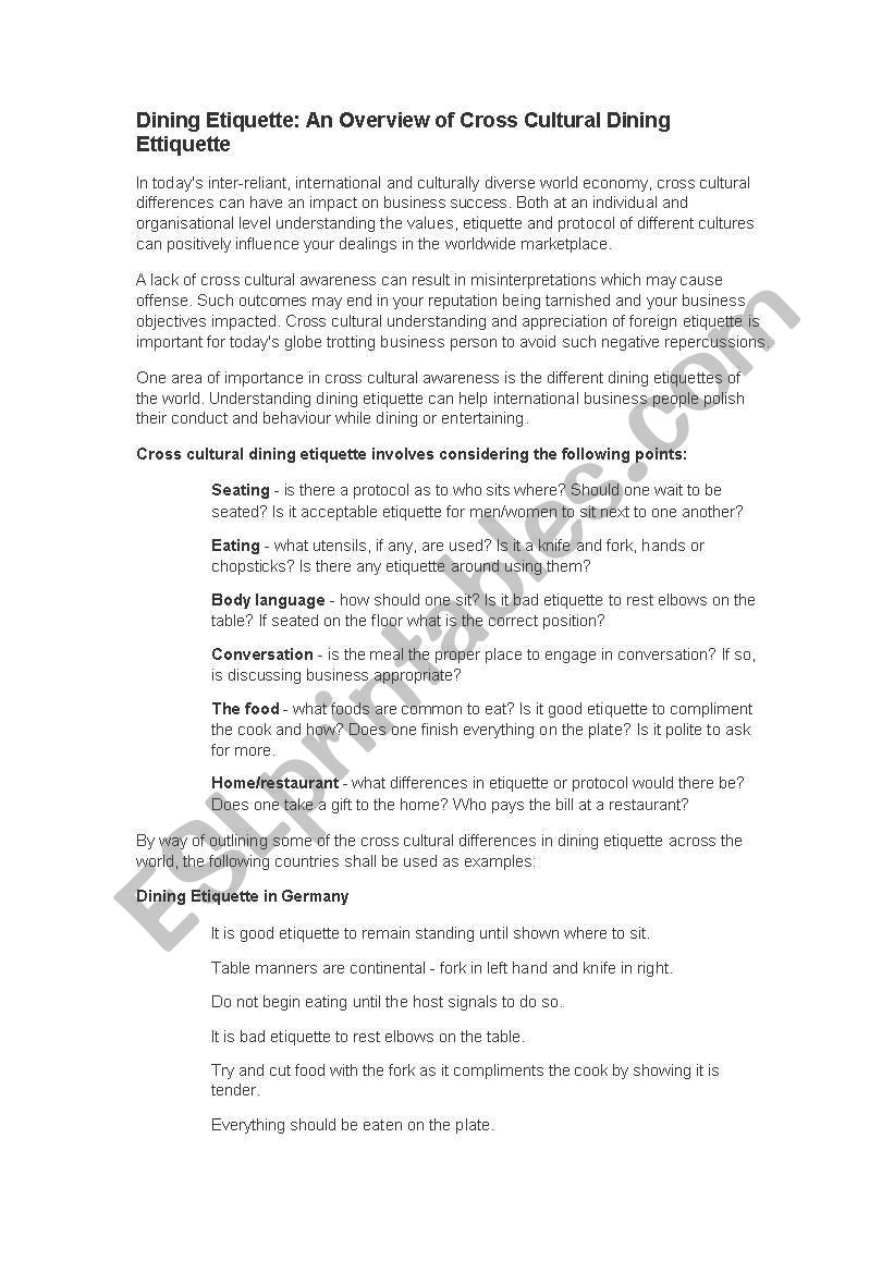 Cross Culture Dining Etiques worksheet