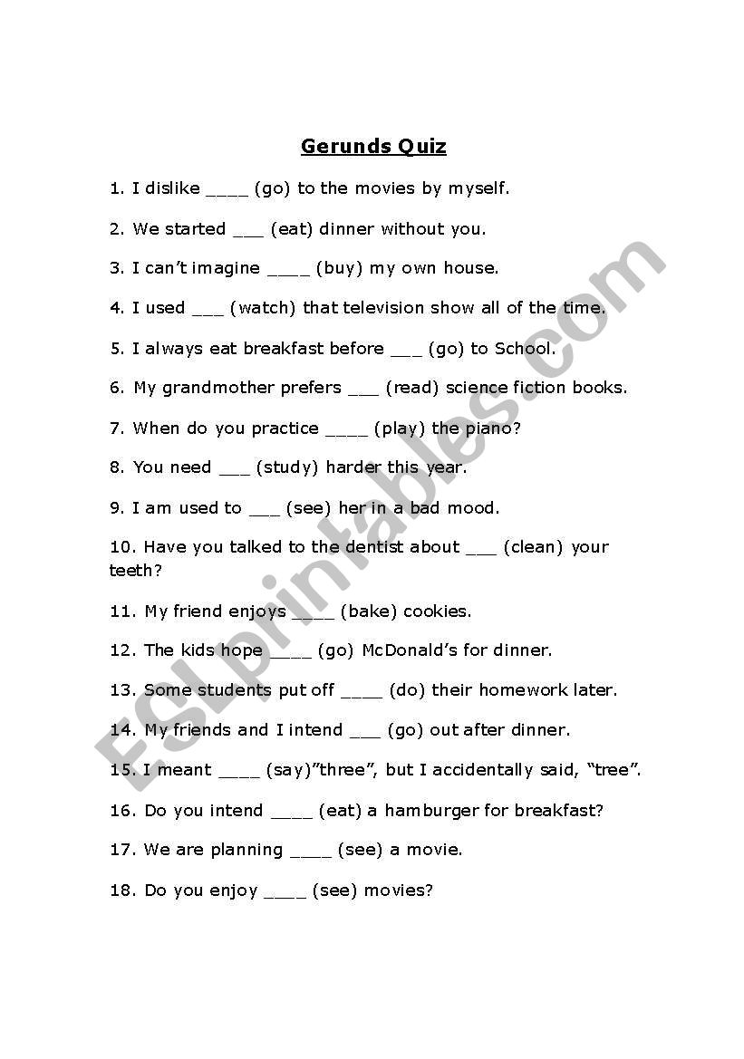 Gerund Excercise worksheet