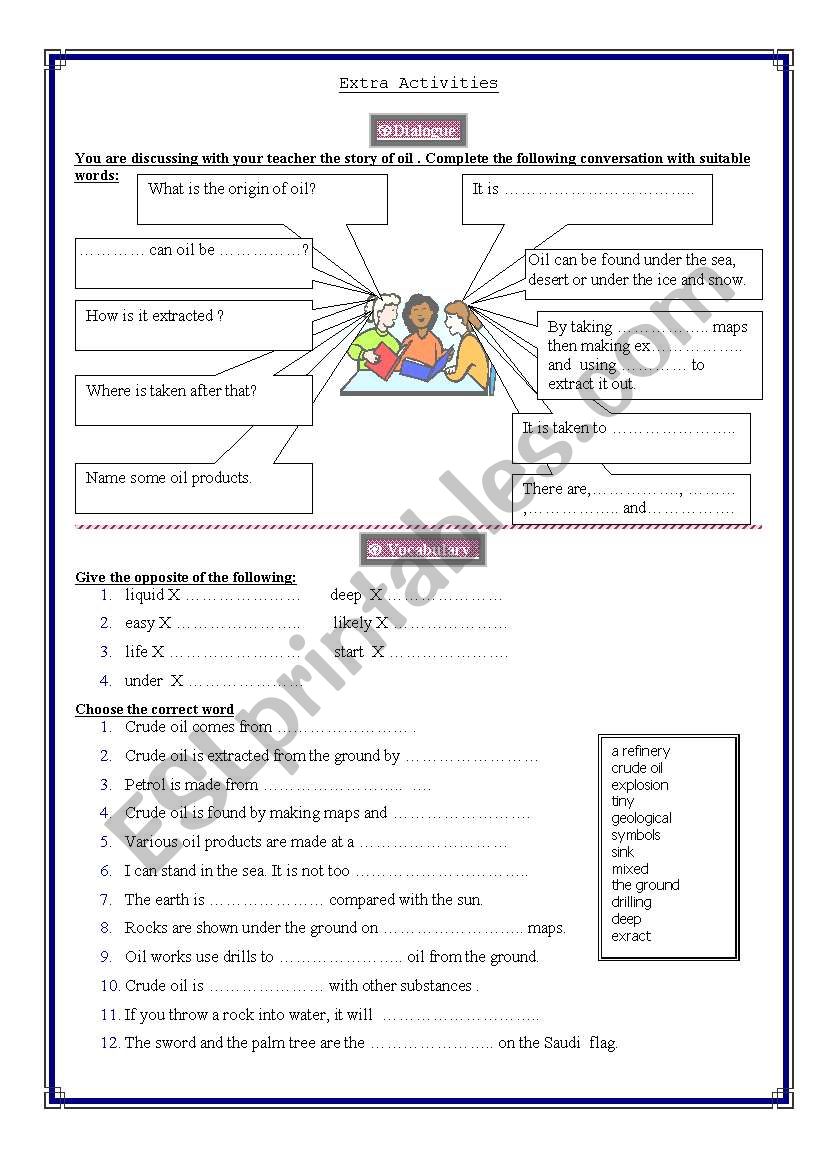 Oil-Dialogue and Vocabulary worksheet