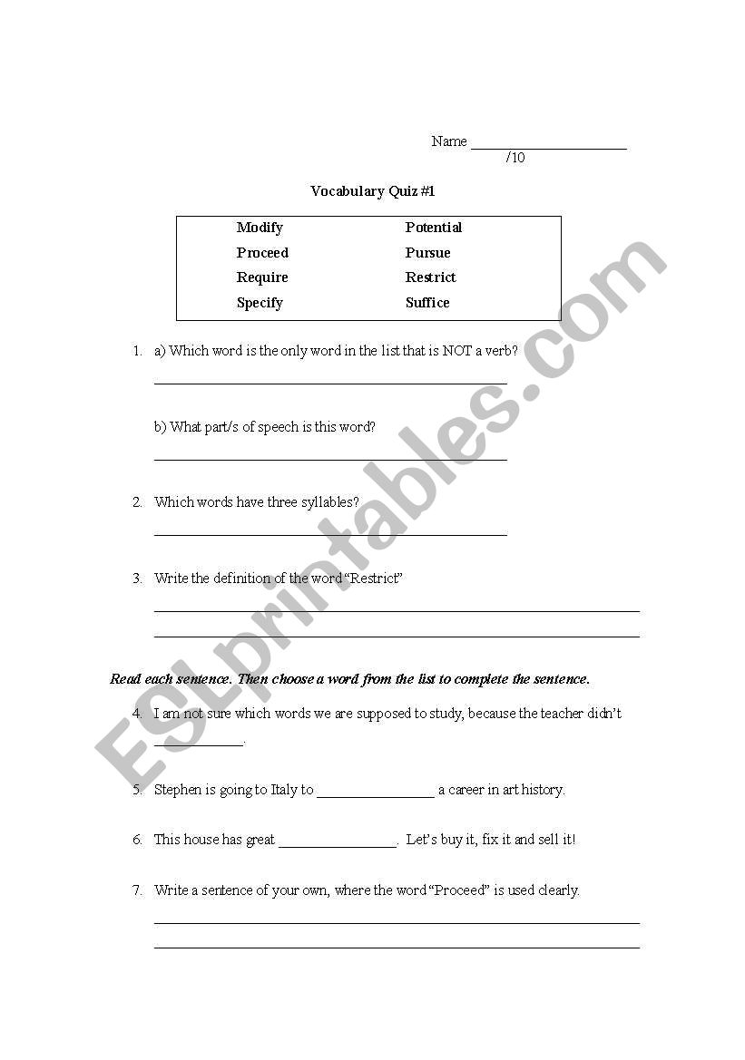 Vocabulary #1 worksheet