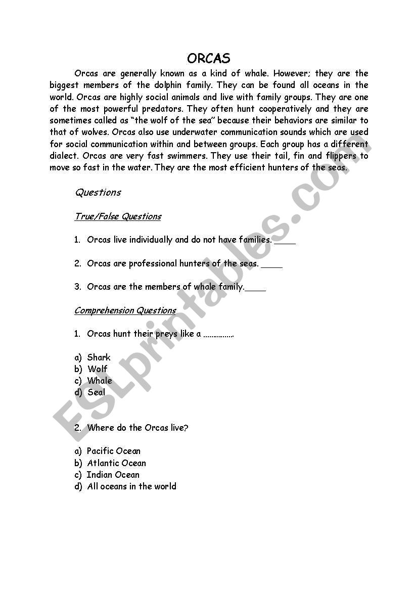 orcas  worksheet