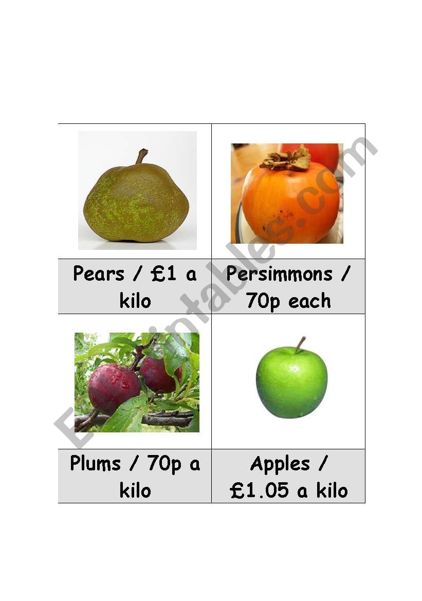 Fruit ´shopping game´ vocabulary cards