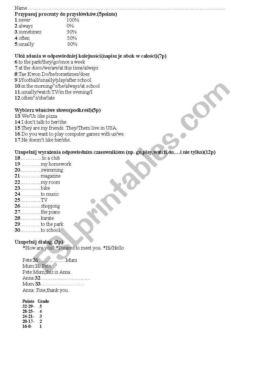 Test for :adverbs of frequency, free time activities and pronouns