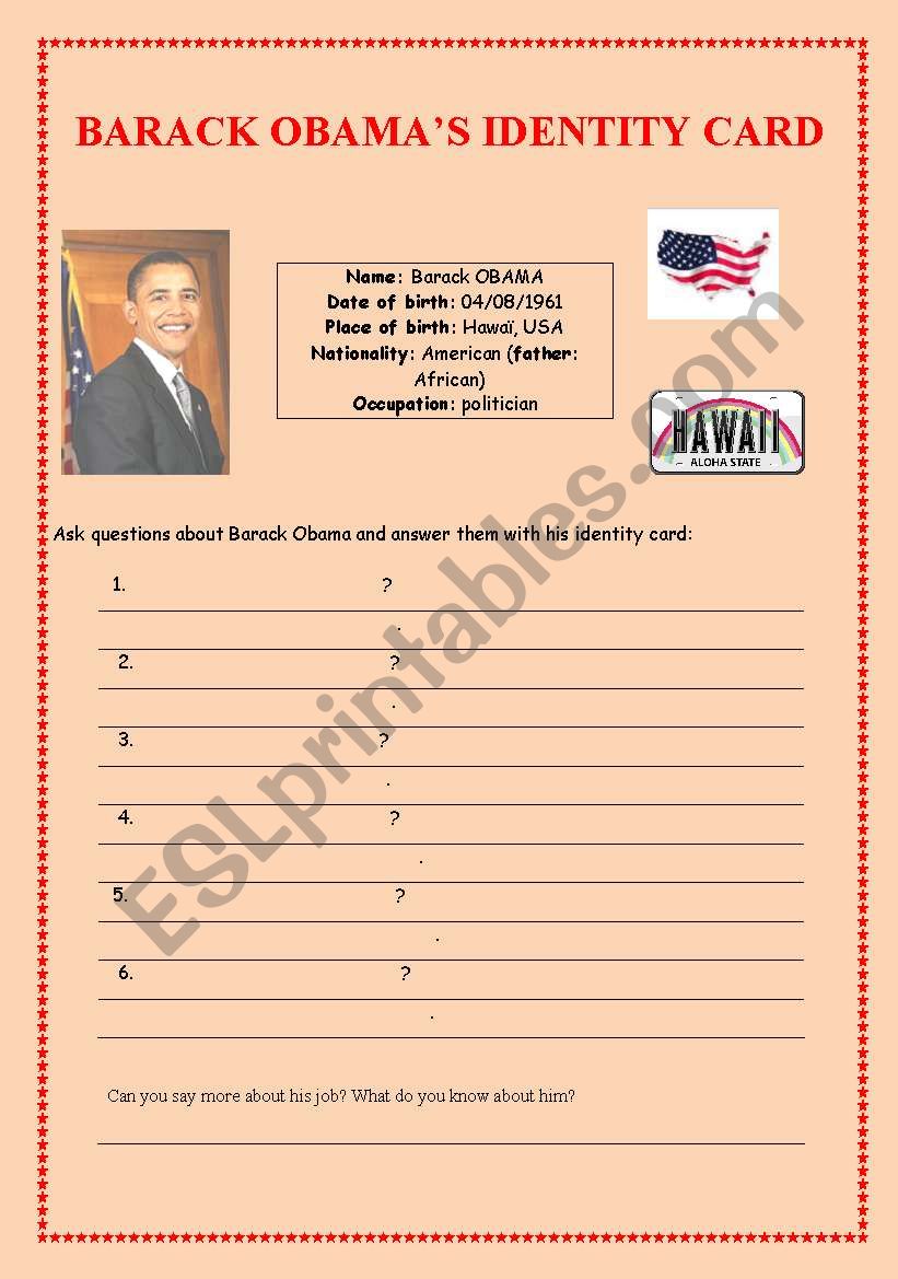 BARACK OBAMAs IDENTITY CARD worksheet