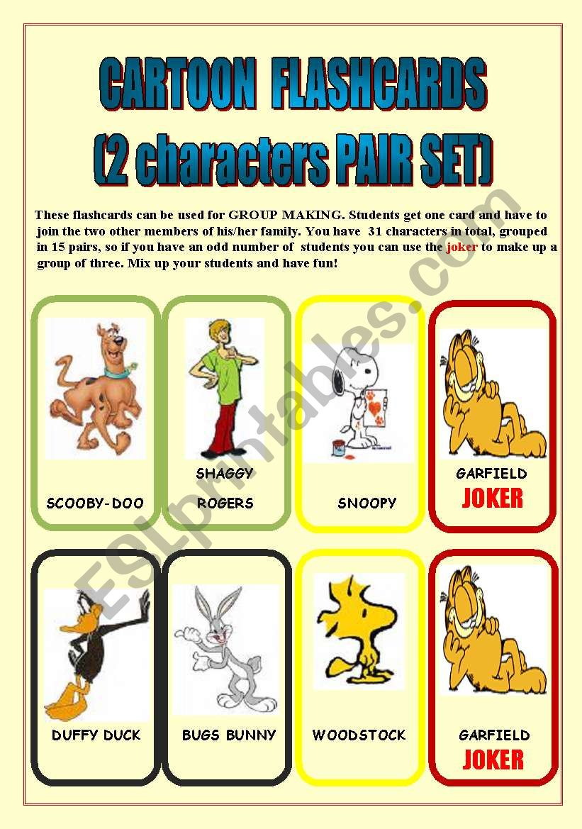 CARTOON FLASHCARDS (PAIRS SET) 31 characters/3 PAGES