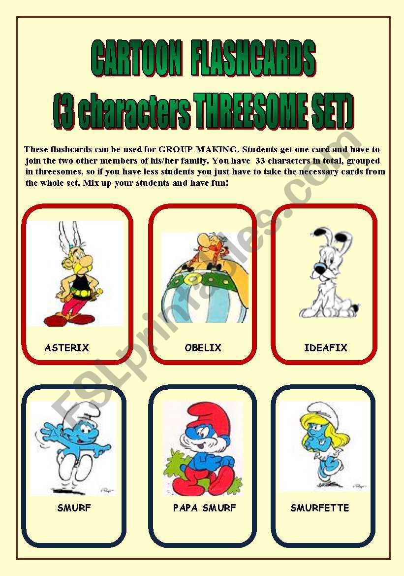 CARTOON FLASHCARDS (THREESOME SET) 33 characters/ 4 PAGES