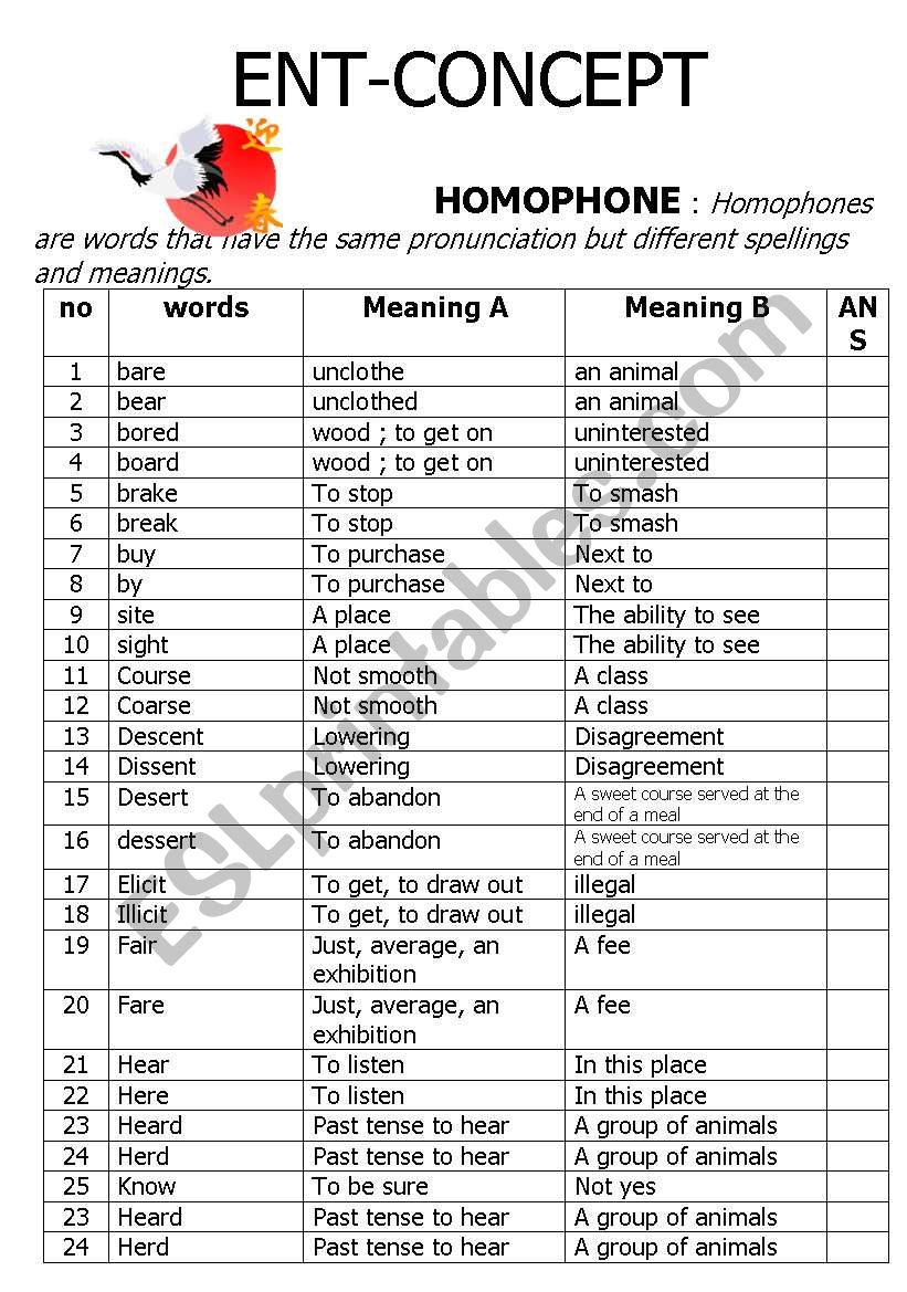 Homophone worksheet