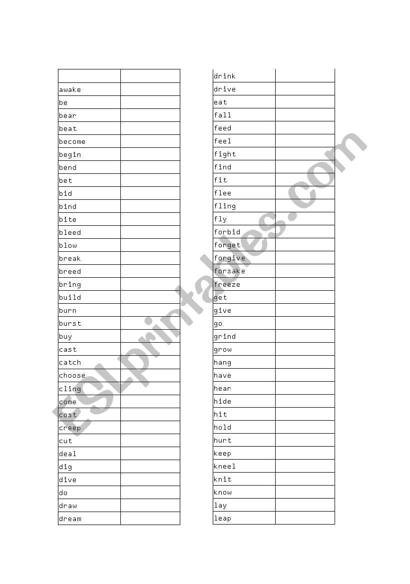 Irregular verbs worksheet