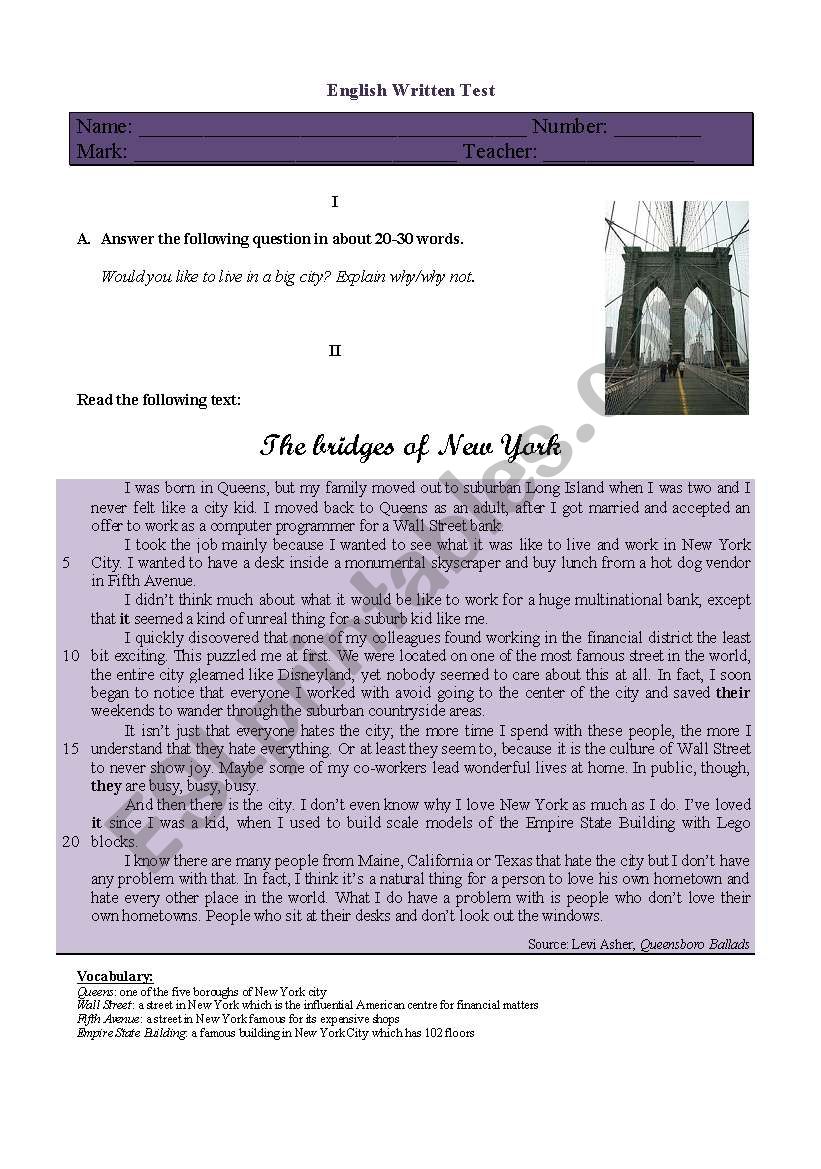 Test - Brides of New York worksheet