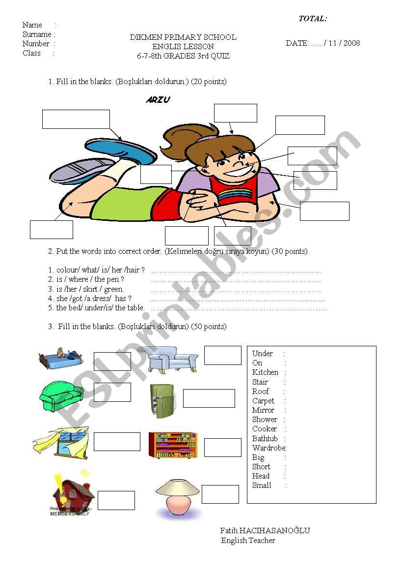 worksheet for beginners-body parts and my home 