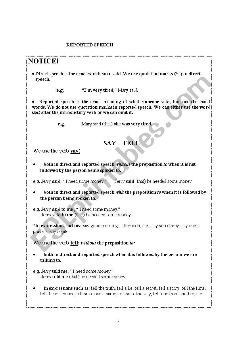 REPORTED SPEECH worksheet