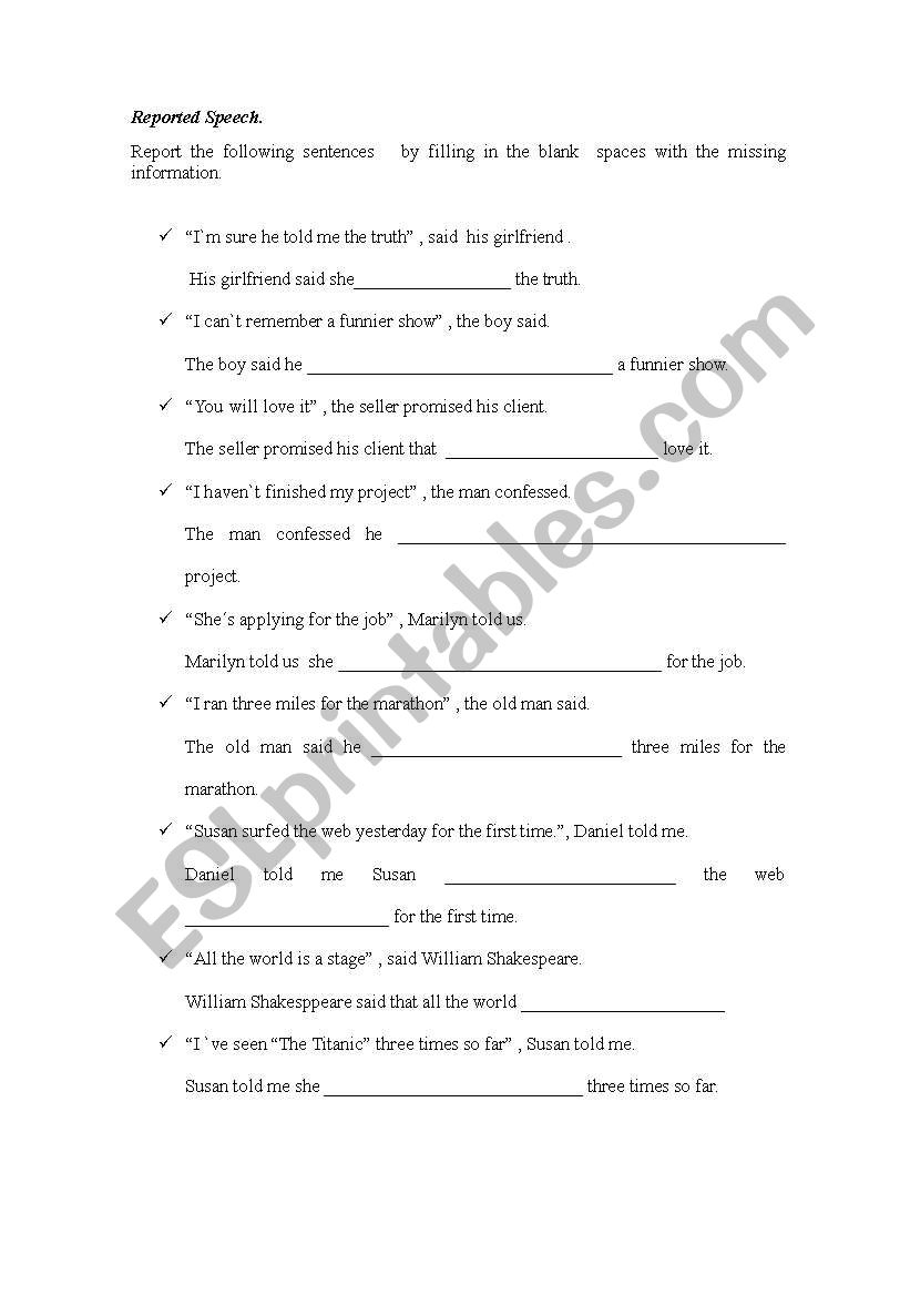 REPORTED SPEECH SHEET 1 worksheet