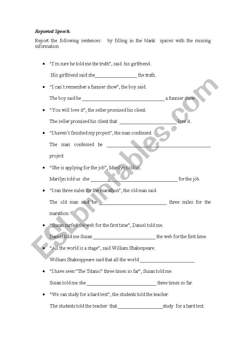 REPORTED SPEECH - SHEET 2 worksheet