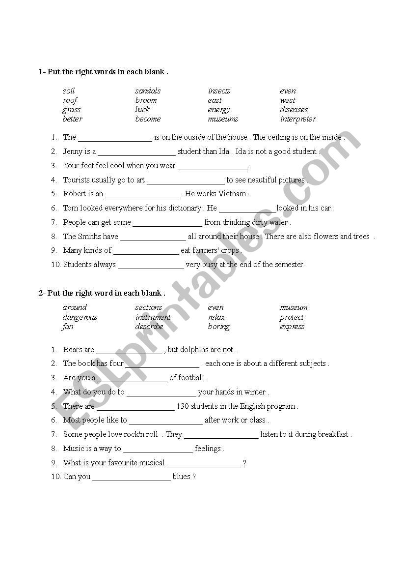 fill in exercise worksheet