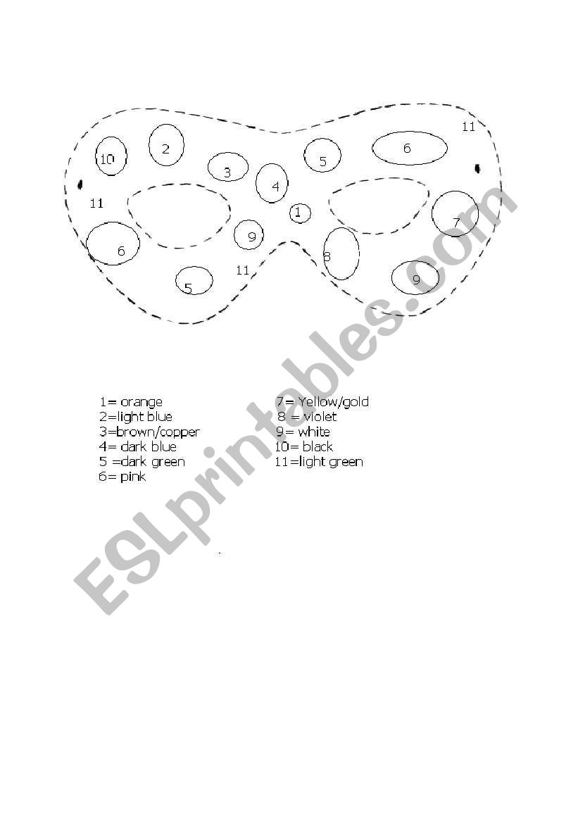 Colour by numbers a carnival mask. Cut it out and wear. Invent your own mask (second page)