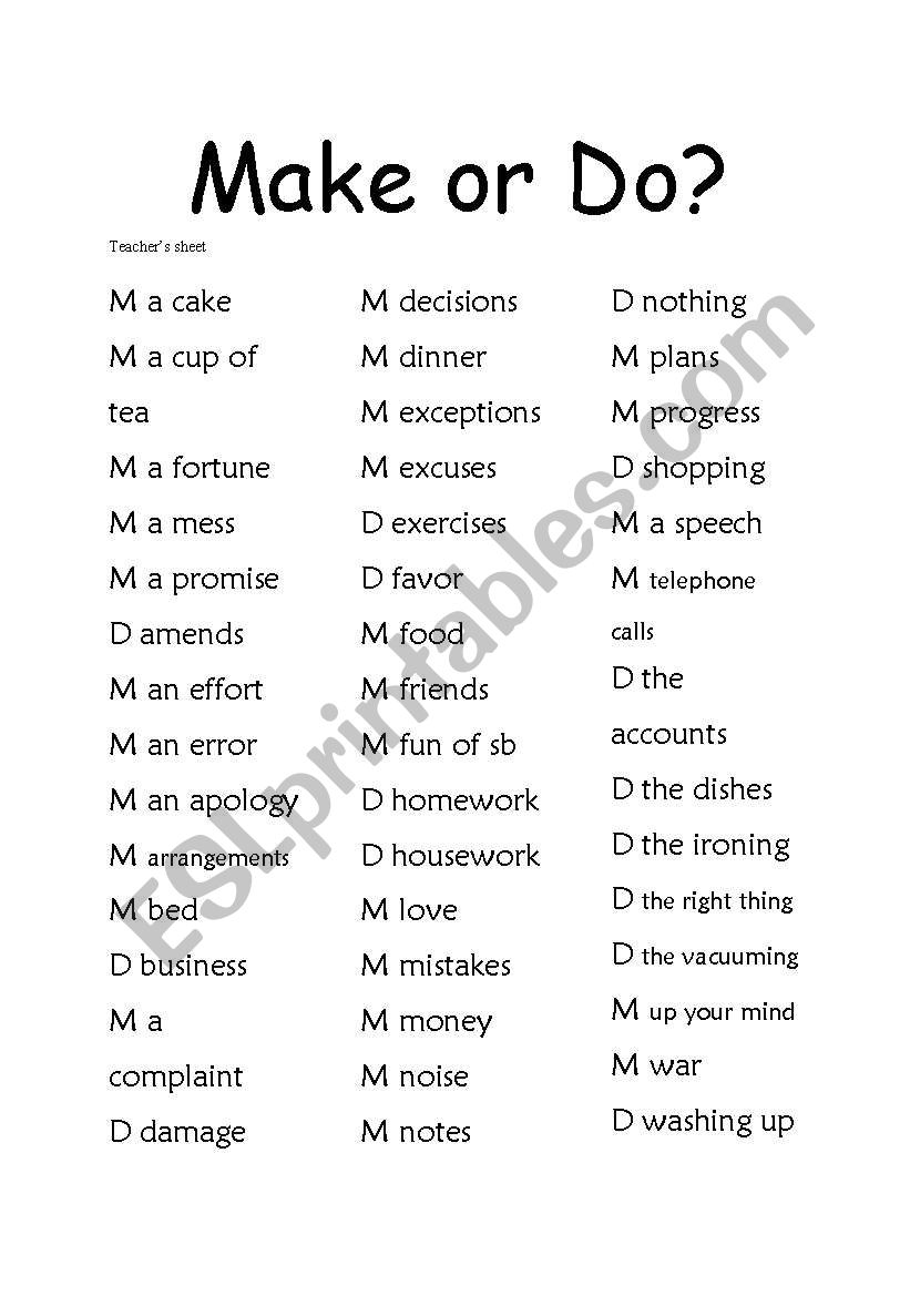 Make or Do - Collocation Exercise + a competition - ESL worksheet by ...