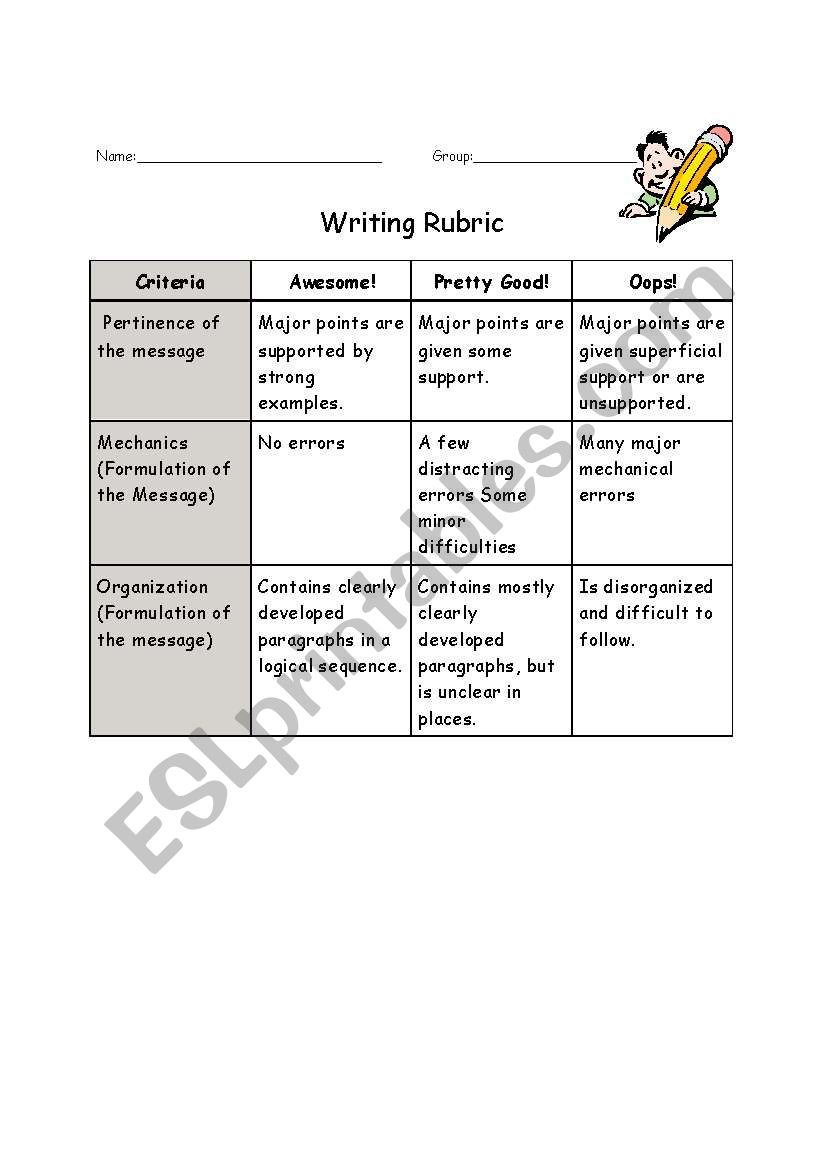 writing rubric worksheet