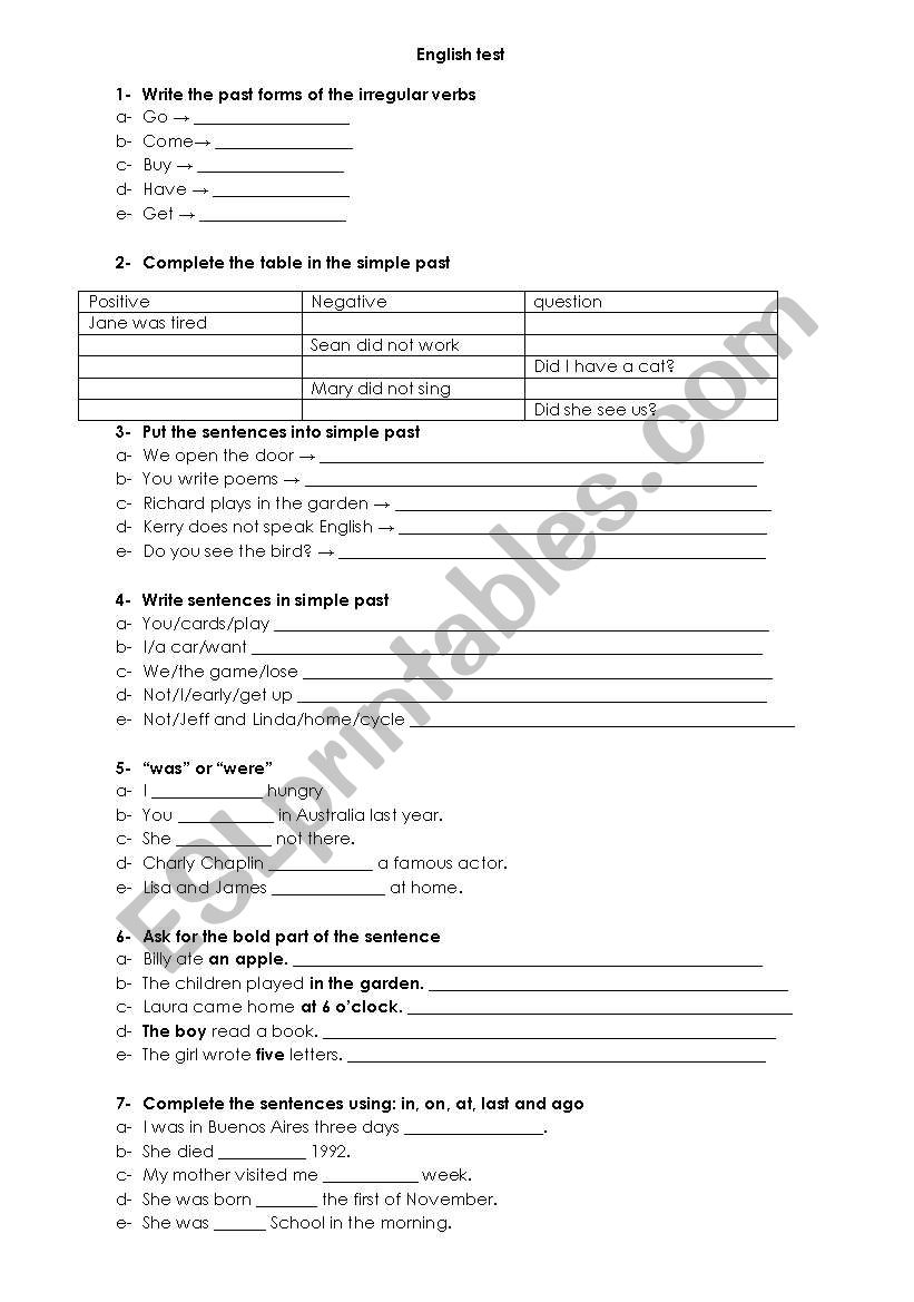 Test past simple, comparisons and obligation