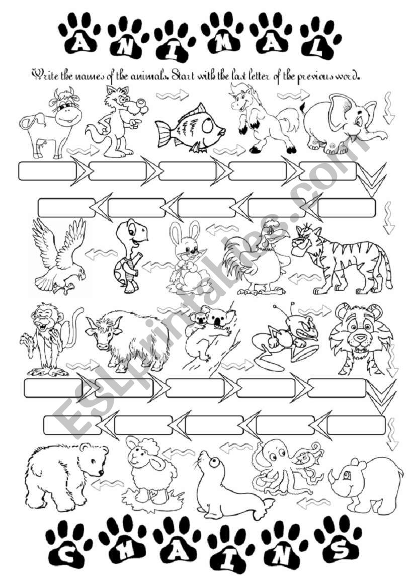 Animal chains - word chains worksheet