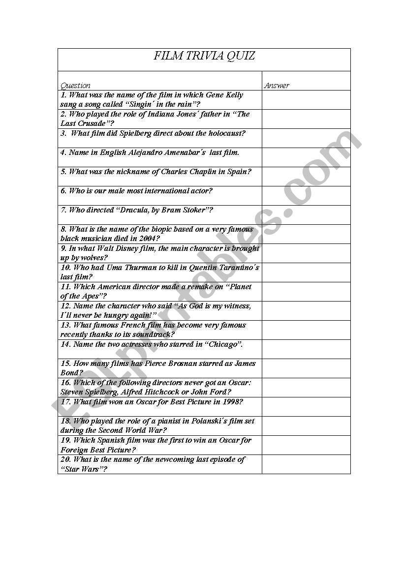 Film Quiz worksheet