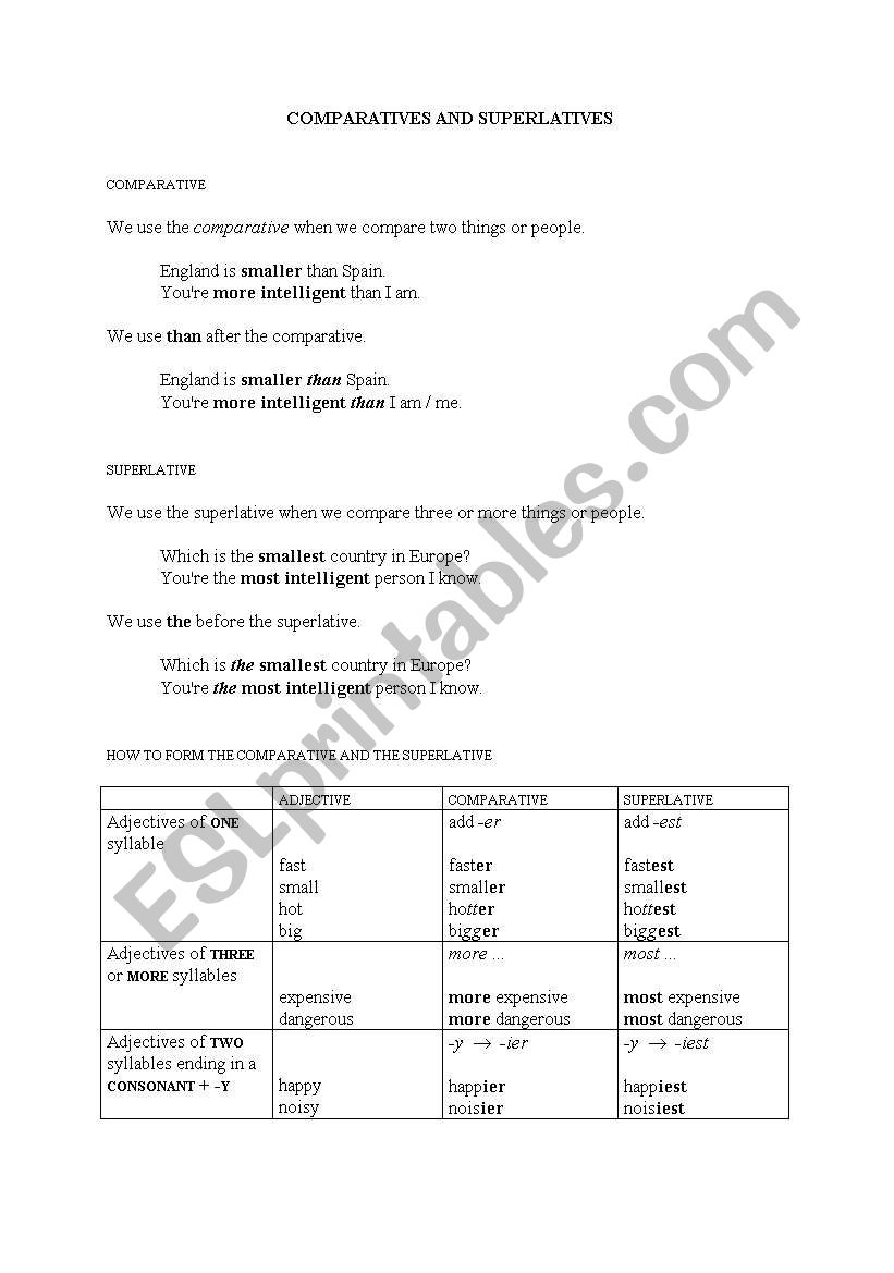 Comparatives and superlatives worksheet