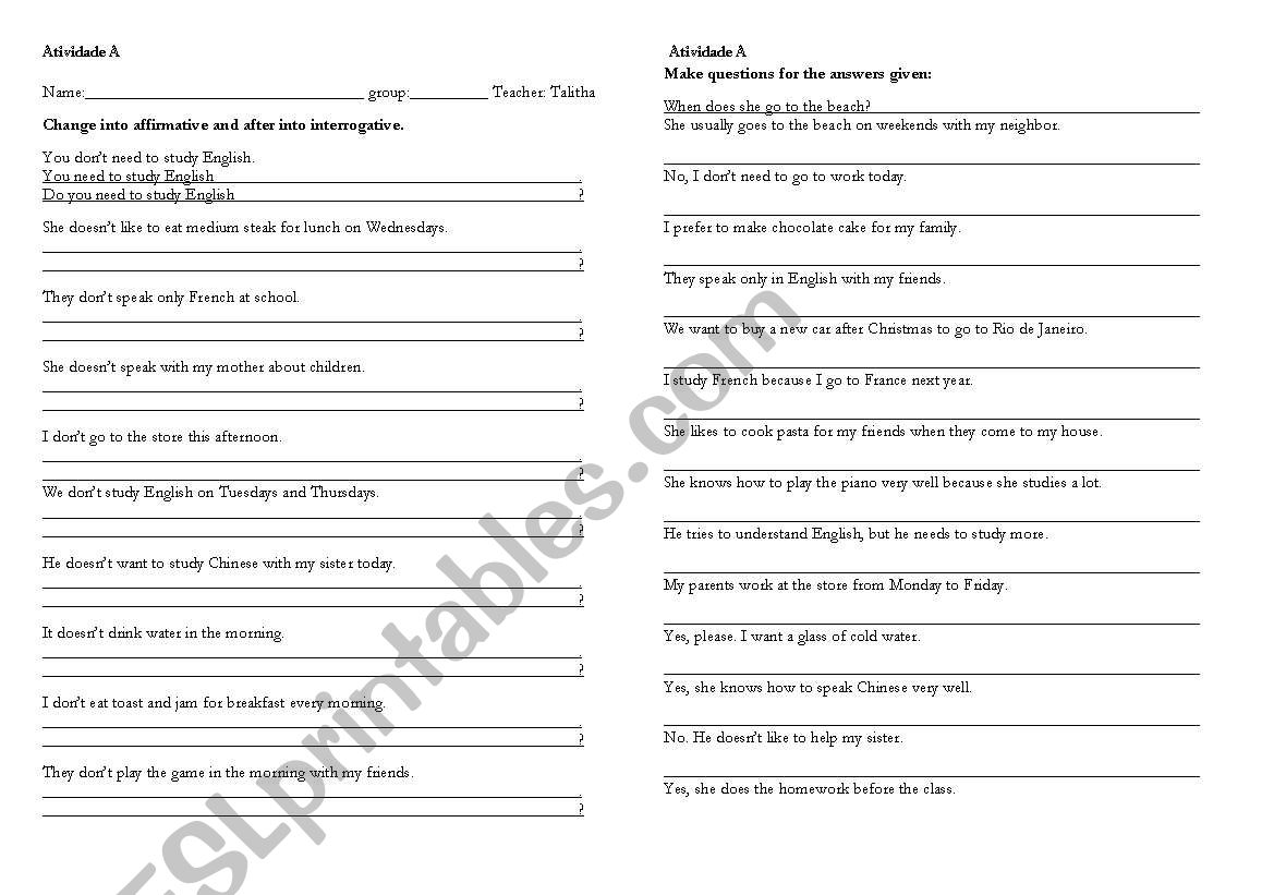 Auxiliary verbs: do / does worksheet