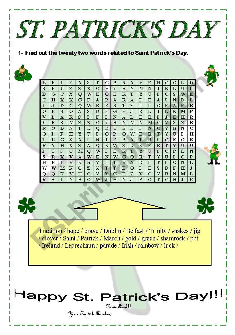 Word search about St. Patricks Day.