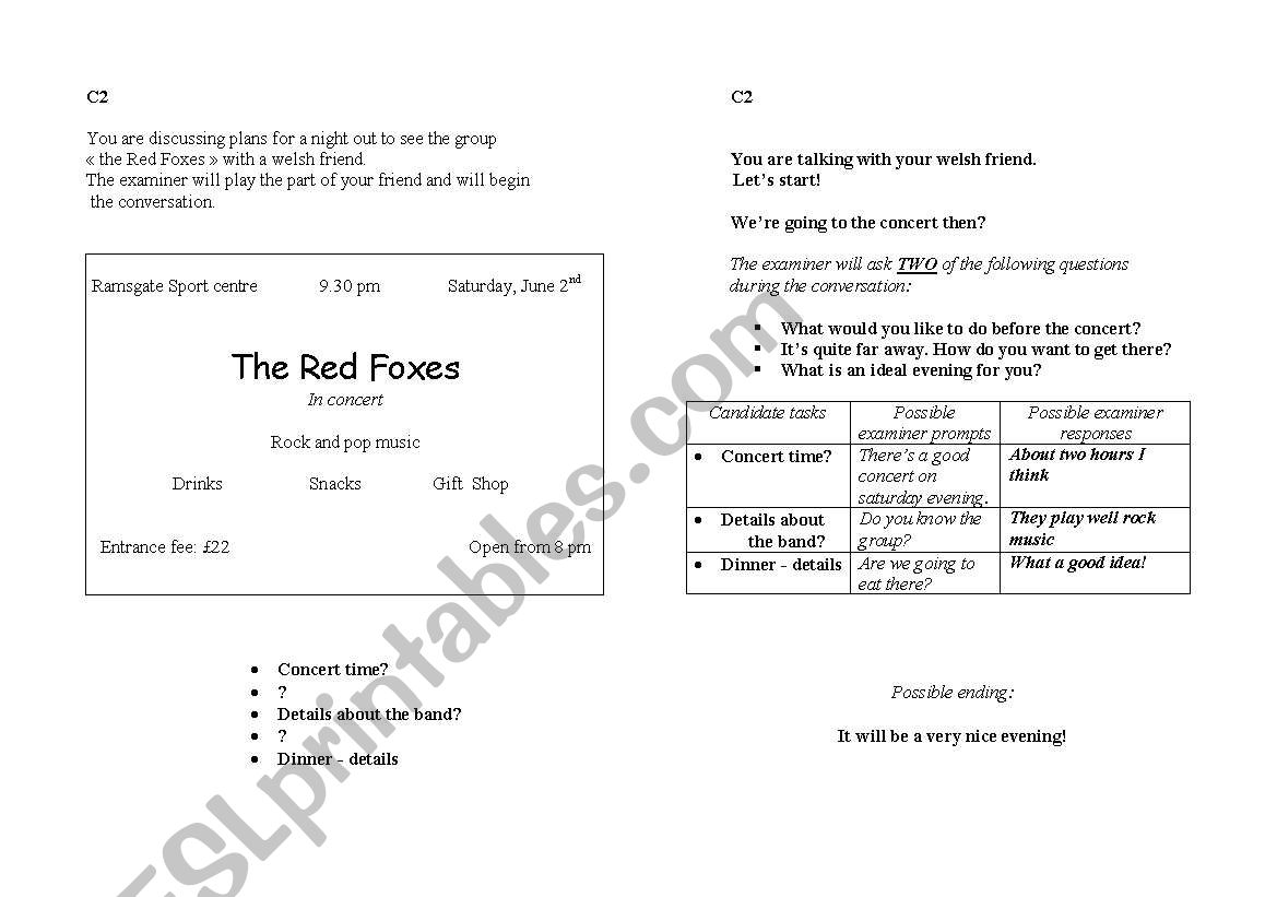 Concert role play worksheet