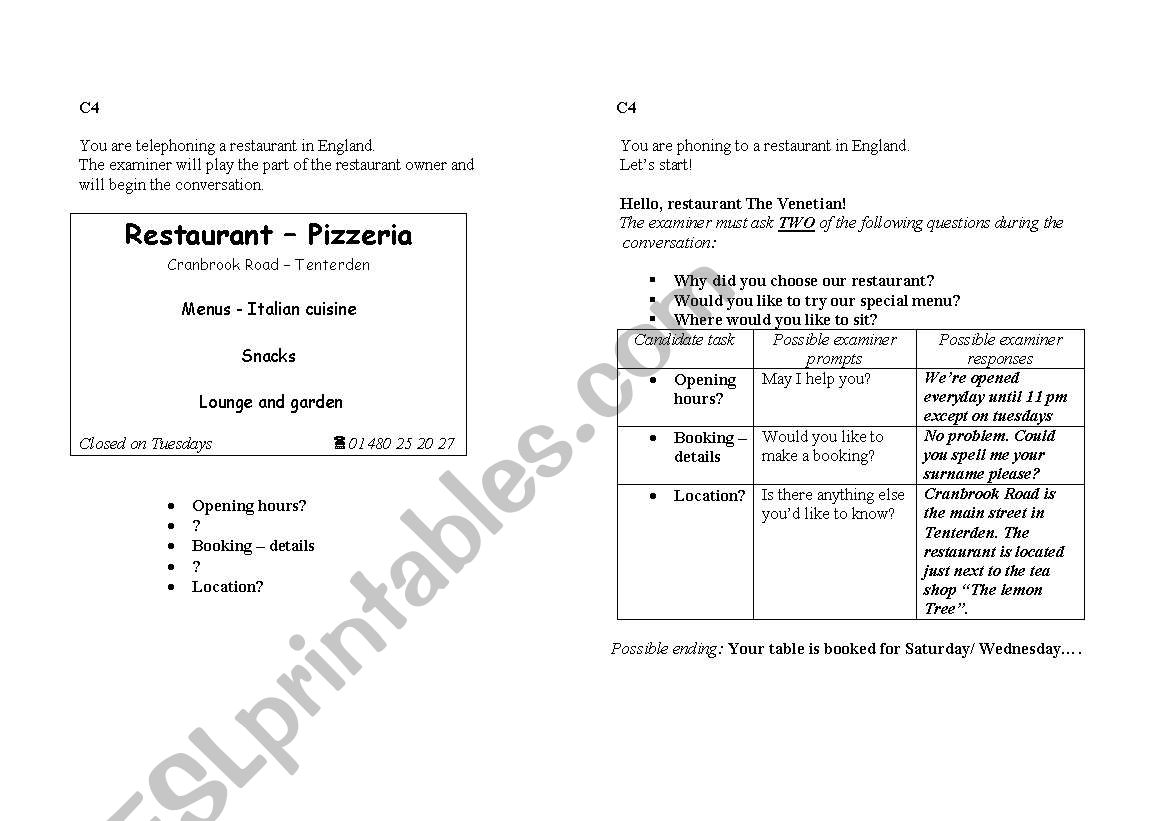 restaurant role play worksheet