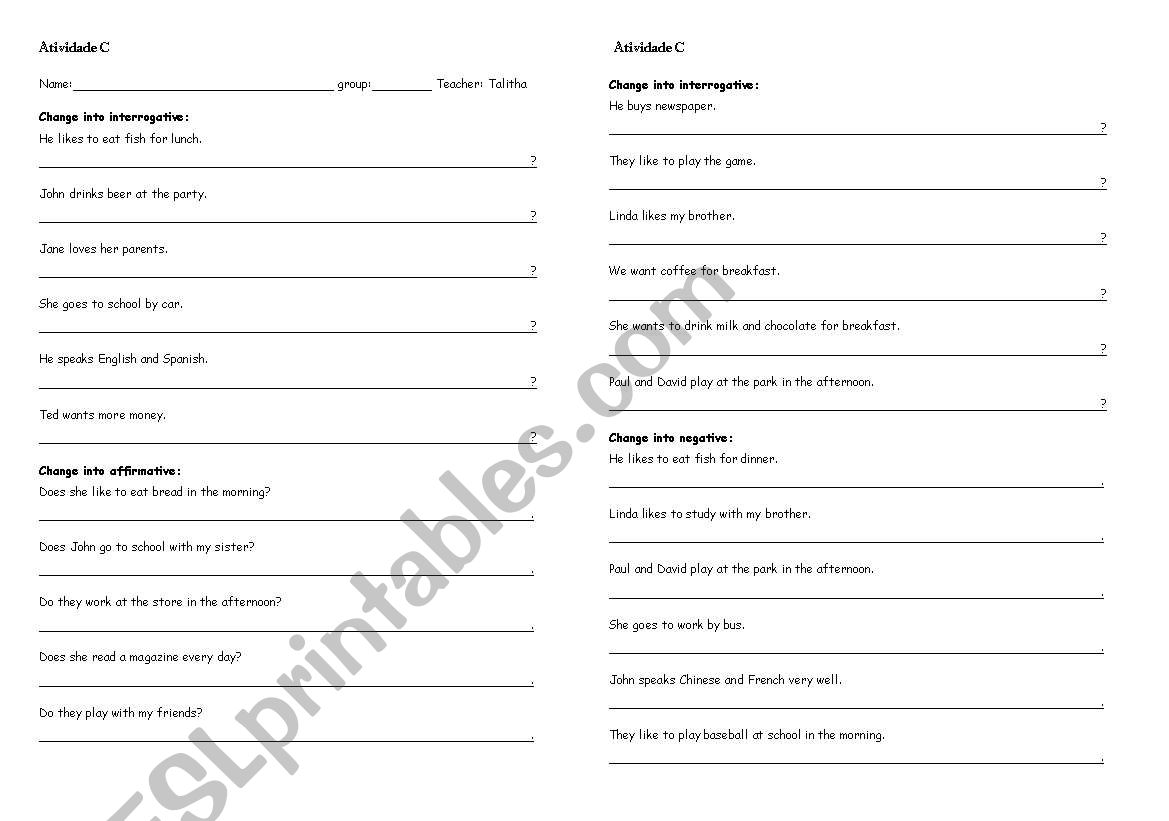Auxiliary verbs: does worksheet