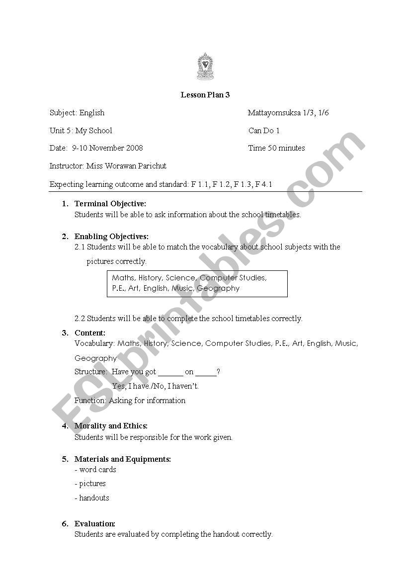 Lesson plan school time table worksheet