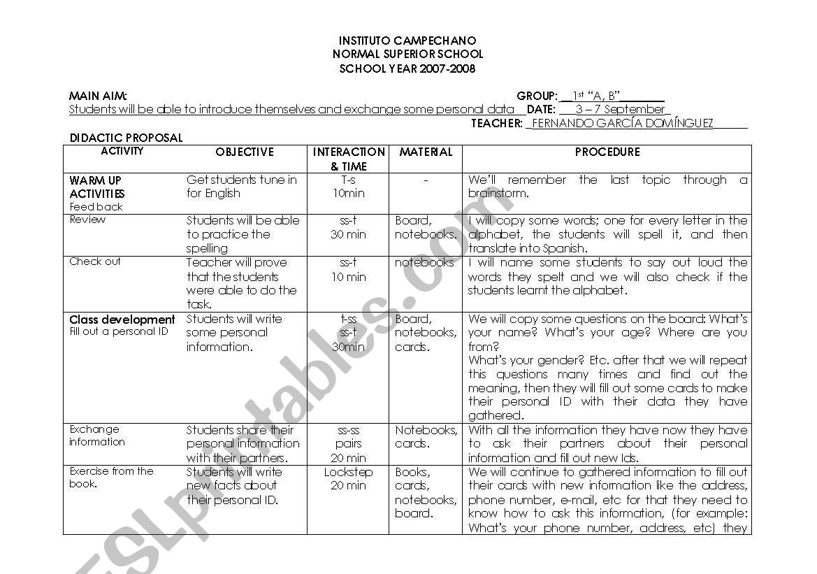 Three class  plans worksheet