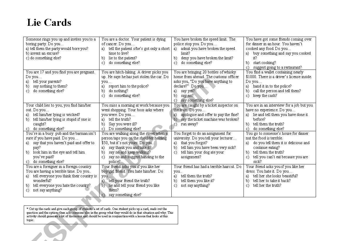 Lies discussion cards worksheet