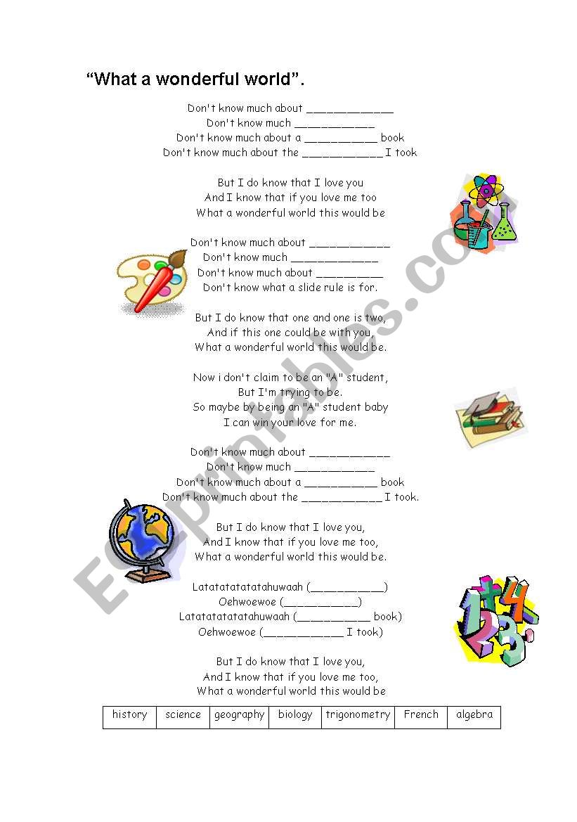 SUBJECTS SONGS worksheet