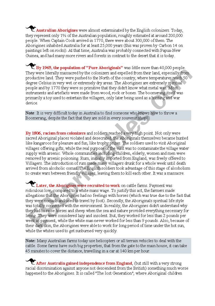 Australian aborigenes worksheet