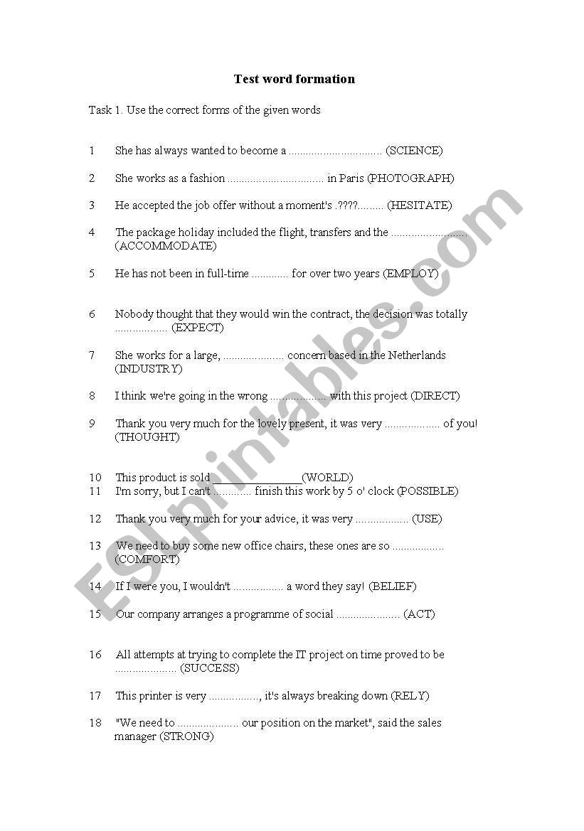 word formation worksheet